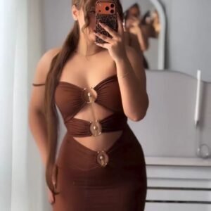 Chocolate Brown Cut-Out Ring Detail Two-Piece Skirt Set