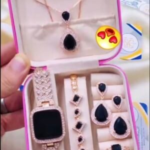 Rose Gold Black Stone Women’s Luxury Watch and Jewelry Gift Set