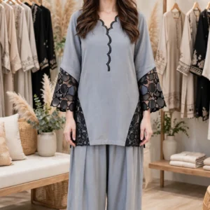 Elegant Lace-Appliqué Kurta and Shalwar Set – Available in Pristine Cream & Sophisticated Dove Grey