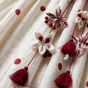Ivory & Crimson Polka-Dot Corset Dress with Floral Tassel Detailing – Available in Striped Corset & Plain Corset Designs