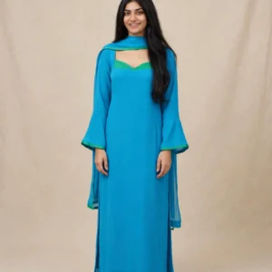 Cerulean Blue Flared Suit Set with Contrast Green Detailing