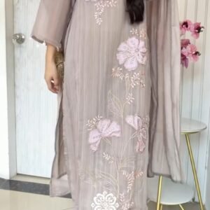 Ethereal Taupe Floral Embroidered Kurta Set with Dupatta