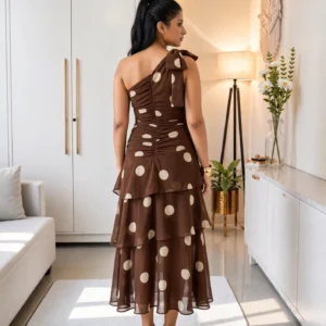 Elegant Tiered Midi Dress Collection – Available in Soft Petal Pink & Chocolate Polka Dot