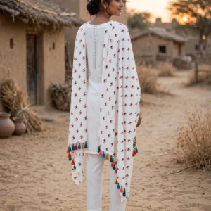 Desert Heritage Hand-Embroidered Camel Motif Kurta Set – Ivory Elegance