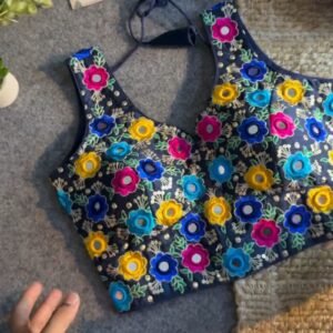 Midnight Blue Floral Mirrorwork Sleeveless Blouse – A Kaleidoscope of Vibrant Embroidery