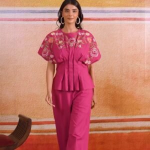 Vibrant Fuchsia Peplum Kurta Set with Floral Embroidery