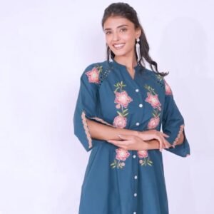 Teal Bloom Embroidered Cotton Kurta