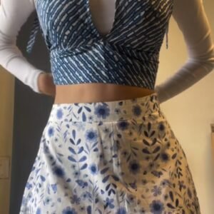 Indigo Shibori Print Wrap-Tie Crop Top & Floral Skirt Co-ord Set