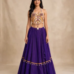Royal Indigo Mirror-Work Halter Neck Lehenga Set
