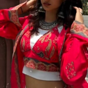 Bohemian Sunset Embroidered Co-ord Set with Statement Layering – Crimson Red