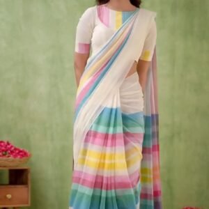 Vibrant Stripe Fusion Handwoven Cotton Saree – Available in Sunshine Yellow & Pristine White