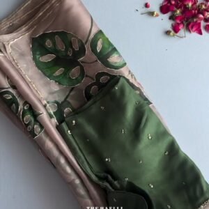 Botanical Essence Hand-Painted Organza Saree Set – Available in Olive Green & Mauve