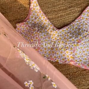 Peach Floral Bloom Hand-Embroidered Organza Saree & Blouse Set