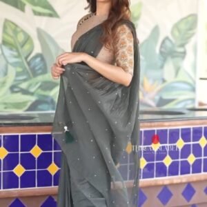 Midnight Charcoal Embellished Chiffon Saree with Printed Designer Blouse