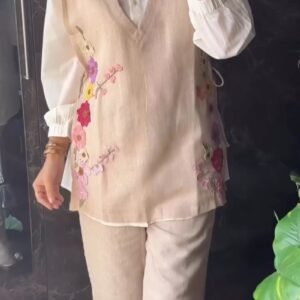 Floral Garden Embroidered Linen Co-ord Set – Beige with White Inner Shirt