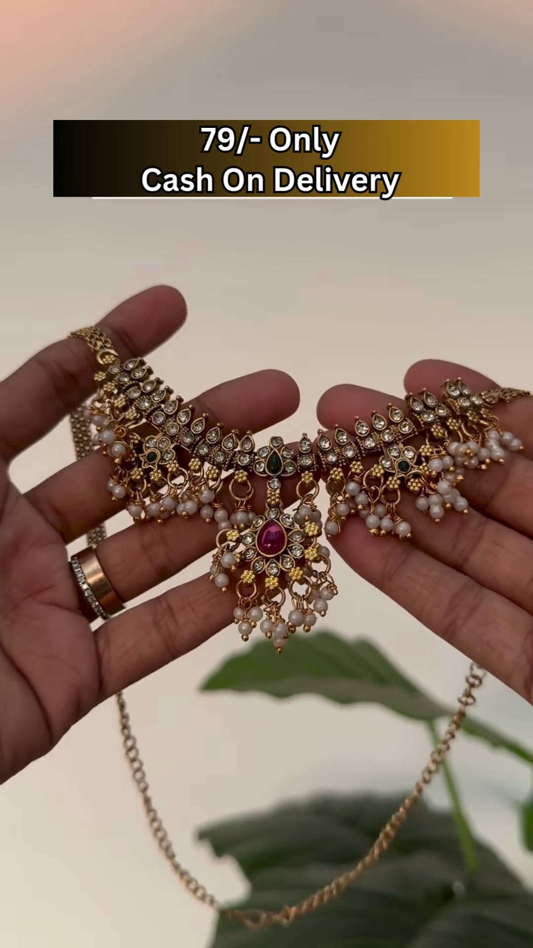 Traditional Gold-Tone Kundan Choker Necklace Set with Earrings and Pearl Detailing - Image 2