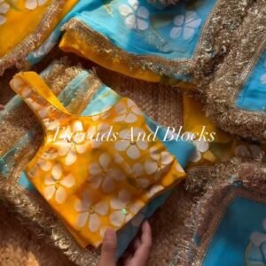 Sunshine & Sky Floral Hand-Painted Saree Set – Available in Vibrant Yellow & Serene Aqua Blue