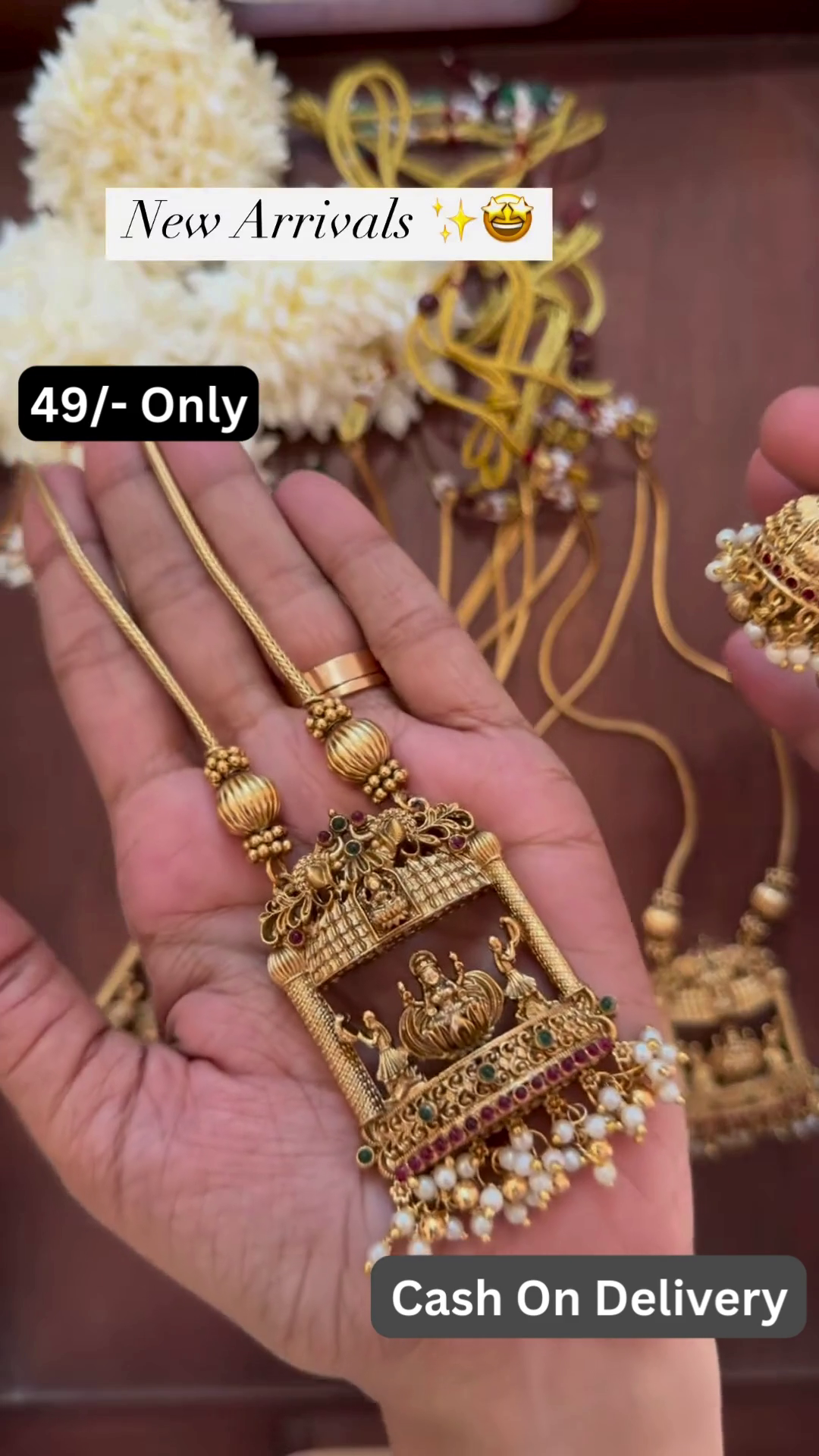 Temple Design Haram Set with Lakshmi Pendant & Jhumkas – Antique Gold Finish | Traditional Indian Jewelry - Image 2