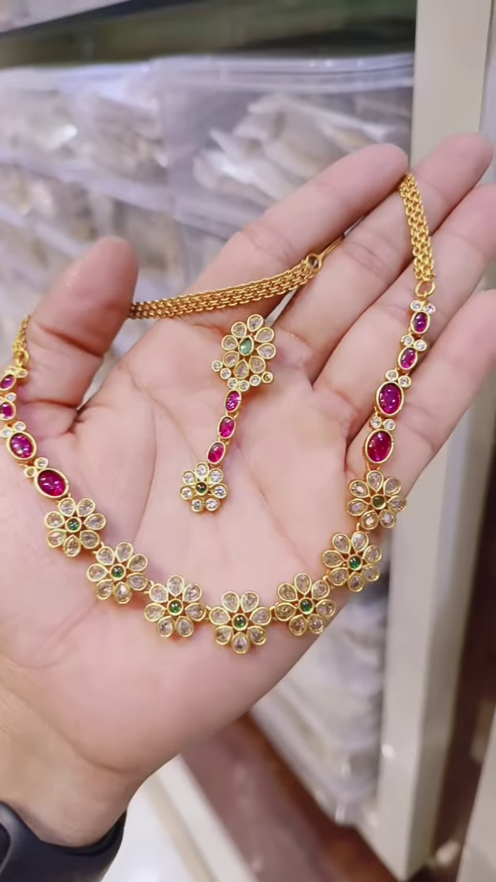 Exquisite Gold-Plated Necklace Set with Polki, Ruby, and Emerald Accents - Traditional Indian Jewelry