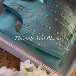 Serene Aqua Pearl Embellished Floral Saree Set