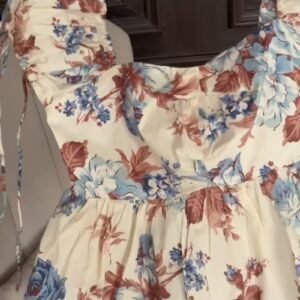 Vintage Rose Print Square-Neck Peplum Top with Tie-Up Sleeves