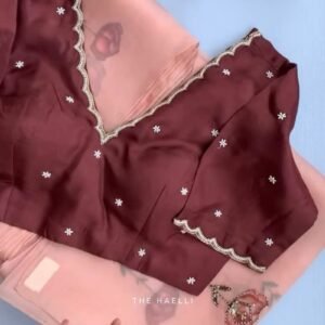 Maroon Scalloped Hand-Embellished Blouse with Peach Floral Organza Saree