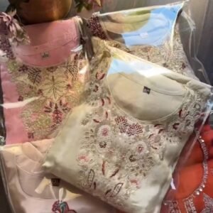 Ethereal Pearl Cream Embroidered Silk Kurta Set with Striped Organza Dupatta