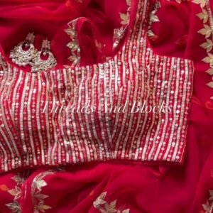 Fiery Crimson Gota Patti Silk Chiffon Saree with Sequin Striped Blouse