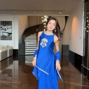 Royal Cobalt Blue Embroidered Halter-Neck Co-ord Set with Matching Dupatta