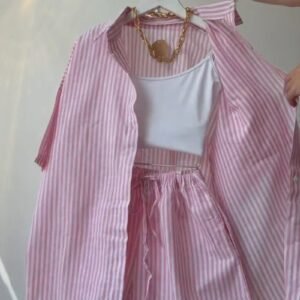 Coastal Chic Striped Co-ord Set with Tank Top – Available in Blush Pink & Sand Beige