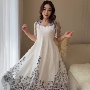 Bohemian Elegance Embroidered White Midi Dress with Tie-Up Shoulders