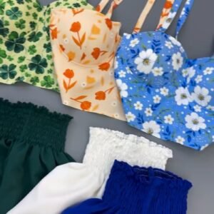 Enchanting Floral Corset Top & Smocked Skirt Co-Ord Set – Available in Clover Green, Peach Tulip & Blue Daisy