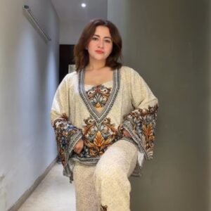 Bohemian Baroque Printed Co-ord Set with Statement V-Neck – Available in Cream & Multi-Color