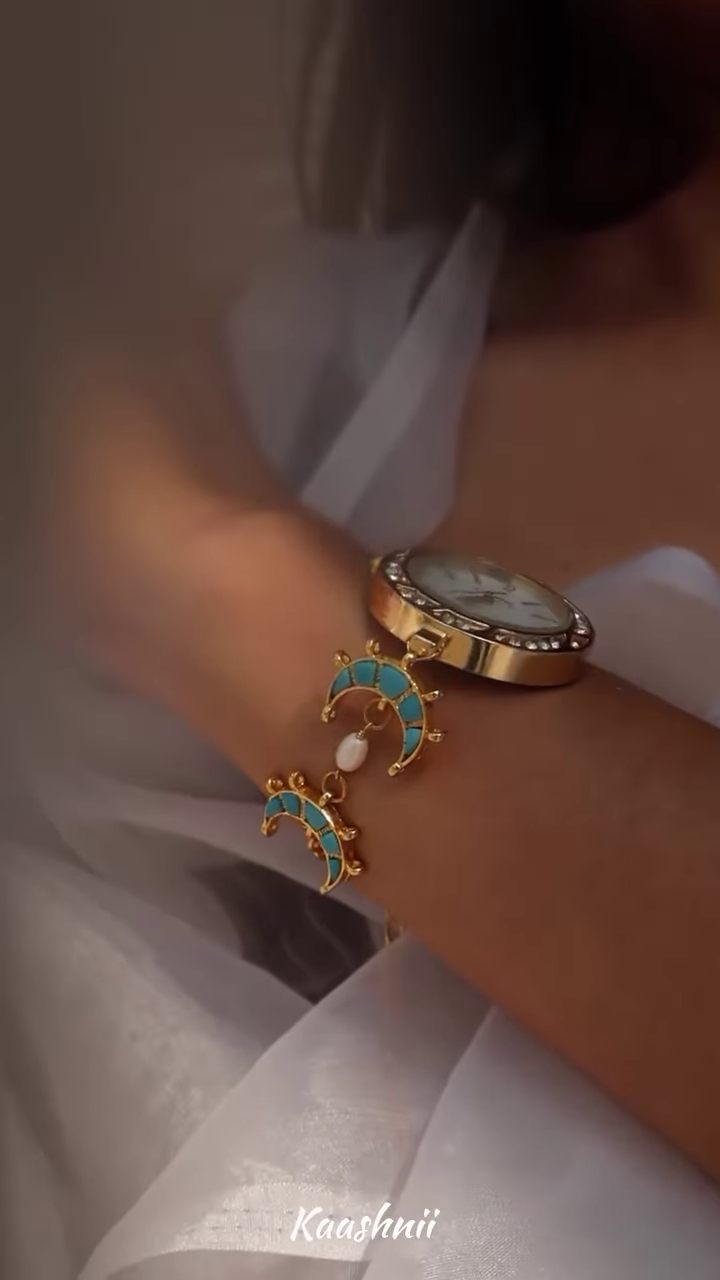 Whimsical Gold-Toned Wristwatch with Crescent Moon and Pearl Accents - Celestial Timepiece - Image 4